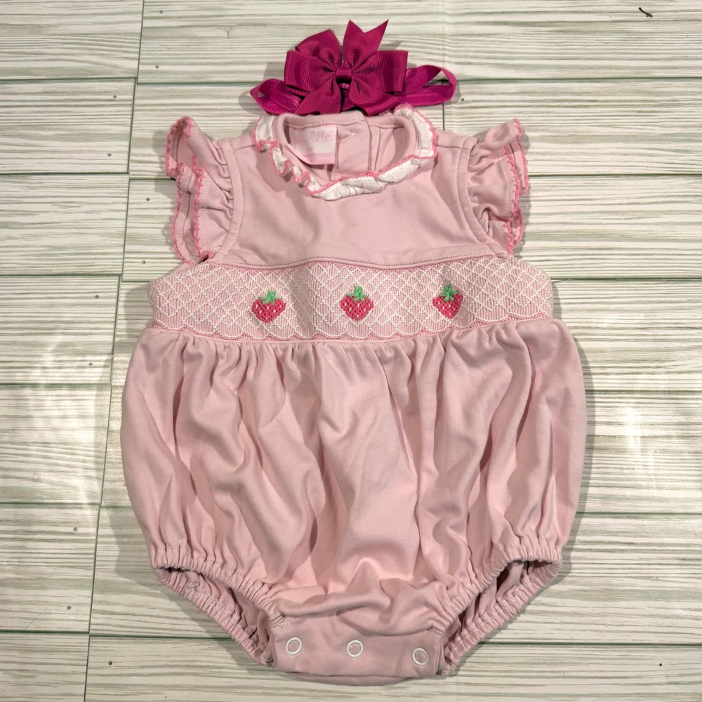 Petit Bebe Baby Girl Pink Smocked Strawberry Bubble Romper Headband Set 3M